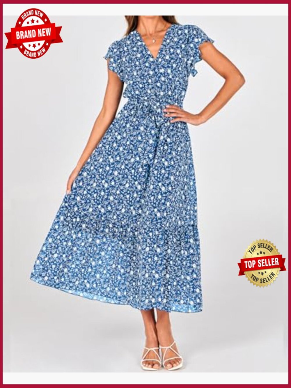 Bohemian Wrap V Neck Ruffle Sleeveless Midi Dress - Picture 2 of 7